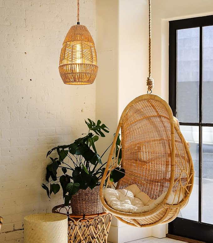 Plug in Pendant Light Rattan Hanging Lights with Plug in Cord 15FT Hemp Rope Cord, On/Off Switch Chandelier for Boho Living Room Bedroom Kitchen（Bulb Included） 11 x 7 inch