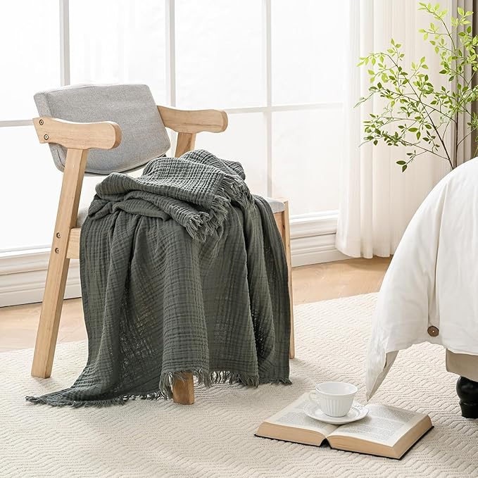 100% Cotton Muslin Throw Blanket 50'x65', Lightweight Breathable Summer Blanket Throw. Supersoft 4-Layer Gauze Throw Blanket for Sofa, Couch, Bed, All-Season Use, Dusty Olive