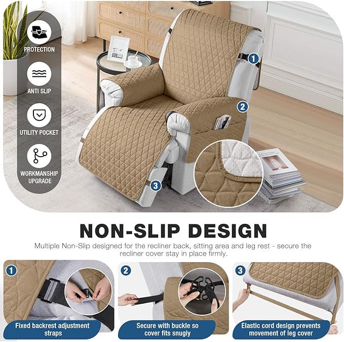 TAOCOCO 100% Waterproof Recliner Cover - Recliner Cover with Non-Slip Granule, Recliner Chair Covers with Elastic Band, Recliner Chair Covers for Reclining Chair(Camel, Medium-25'')