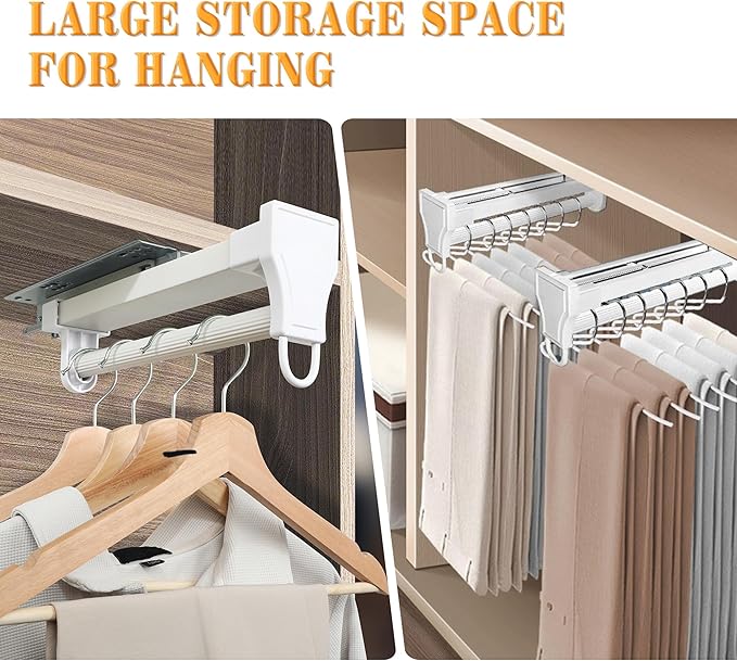 Alise 10 Inch Pull Out Clothes Hanger Rack with Automatic Soft-Close Mechanism for Closets, Heavy Duty Metal Rod Organizer for Coats, Pants, and More, White