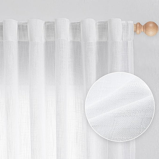 MYSKY HOME White Linen Sheer Curtains 63 inch length Light Filtering Semi Sheer Curtains for Bedroom Short Window Treatment Privacy Protect Drapes Set, Back Tab Boho Farmhouse Soft, 50" Wide, 2 Panels