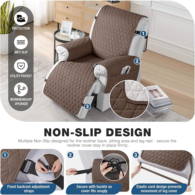 TAOCOCO 100% Waterproof Recliner Cover - Recliner Cover with Non-Slip Granule, Recliner Chair Covers with Elastic Band, Recliner Chair Covers for Reclining Chair(Brown, Oversized-30'')