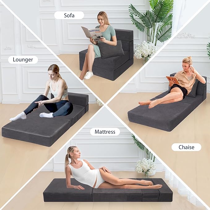 Sofa Bed Foldable Mattress ，Folding Sleeper Sofa Chair Bed Floor Mattress with Pillow for Living Room Home Office (Dark Gray -Corduroy, Single)