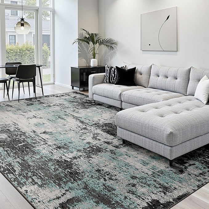 Washable Area Rugs 10'x14 Non-Slip Modern Abstract Soft for Living Room Entryway Bedroom Nursery, Print Pattern, Blue Black Teal