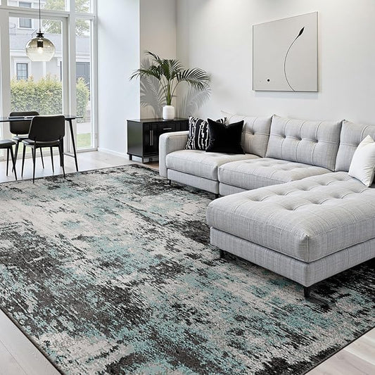 Washable Area Rugs 10'x14 Non-Slip Modern Abstract Soft for Living Room Entryway Bedroom Nursery, Print Pattern, Blue Black Teal