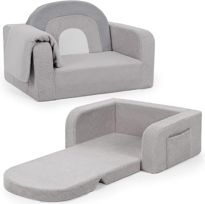 Kids Couch, 2-in-1 Soft Toddler Couch Fold Out with Blanket, Comfy Toddler Chair, Convertible Sofa, Gifts for Kids Girl Boys, Medium Grey Rainbow