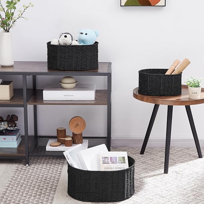 Vagusicc Wicker Basket, Set of 3 Round Storage Baskets for Organizing, Woven Paper Rope Wicker Storage Basket with Handles, Black Cube Storage Organizer Bins Baskets for Shelves & Decor, Black
