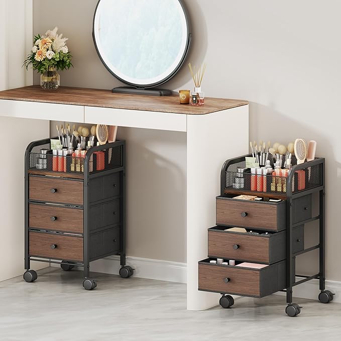SWTYMIKI Rolling Makeup Organizer Cart - Floor Skincare Make Up Storage with 3 Non-woven Drawers, Vanity Organizer Cosmetic Display Cases Cabinet for Skin Care Perfume Nail Polish Brush Hair Tool