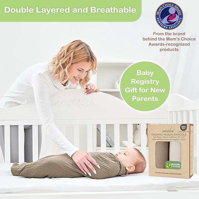 100% Organic Cotton Muslin Baby Blanket - 47 x 47 Inch Breathable Baby Girl Swaddle Blanket, Hypoallergenic Double-Layer, Soft and Cozy Baby Blankets for Sleeping & Everyday Use (Olive/Ivory)