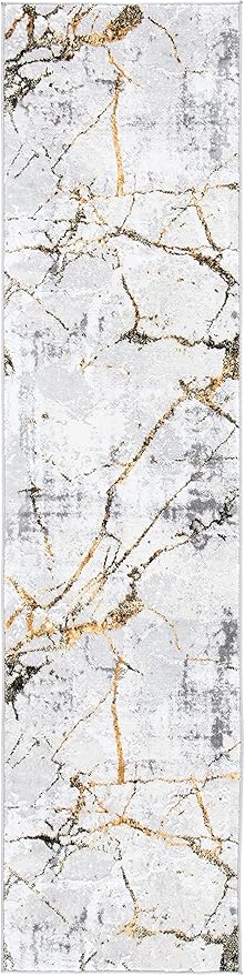 SAFAVIEH Amelia Collection Runner Rug - 2' x 14', Grey & Gold, Modern Abstract Design, Non-Shedding & Easy Care, Ideal for High Traffic Areas in Living Room, Bedroom (ALA293G)