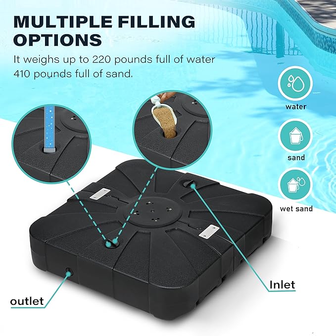 Simple Deluxe Offset Patio Wheels Cantilever Umbrella Base Stand Filled with 220 Lbs Water or 410 Lbs Sand, 33"X33"X6.7", Black