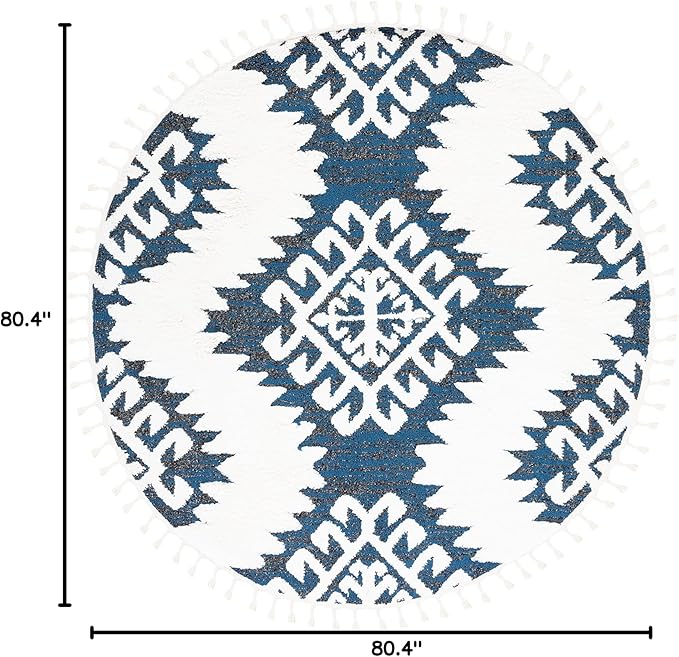 SAFAVIEH Moroccan Tassel Shag Collection Area Rug - 6'7" Round, Navy & Ivory, Trellis Design, Non-Shedding & Easy Care, 2-inch Thick Ideal for High Traffic Areas in Living Room, Bedroom (MTS652N)
