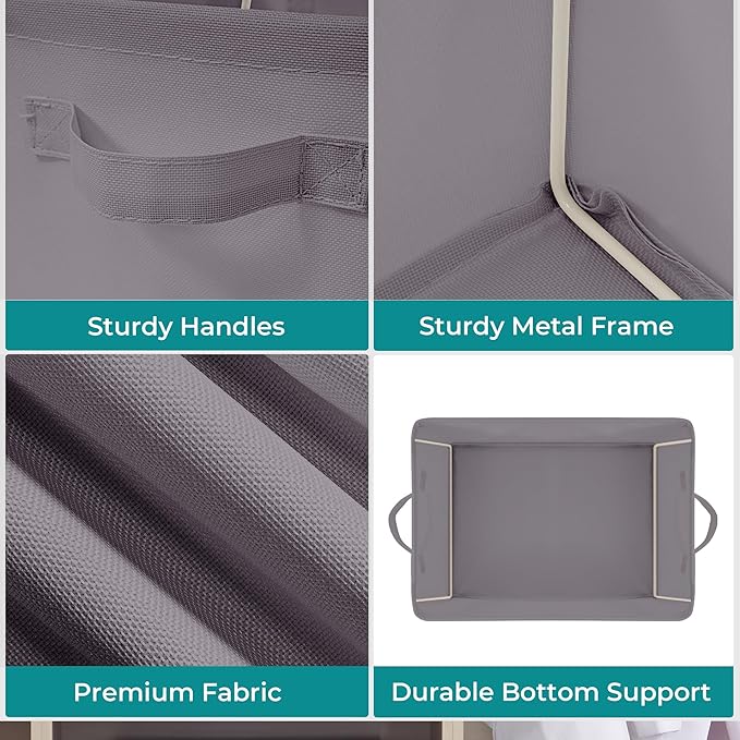 Storage Basket Bins with Metal Frame, Large Collapsible Fabric Storage Baskets for Organizing Shelf, Basket Organizer W/Handles for Towels, Laundry, Office, Home, 5-Pack, Grey
