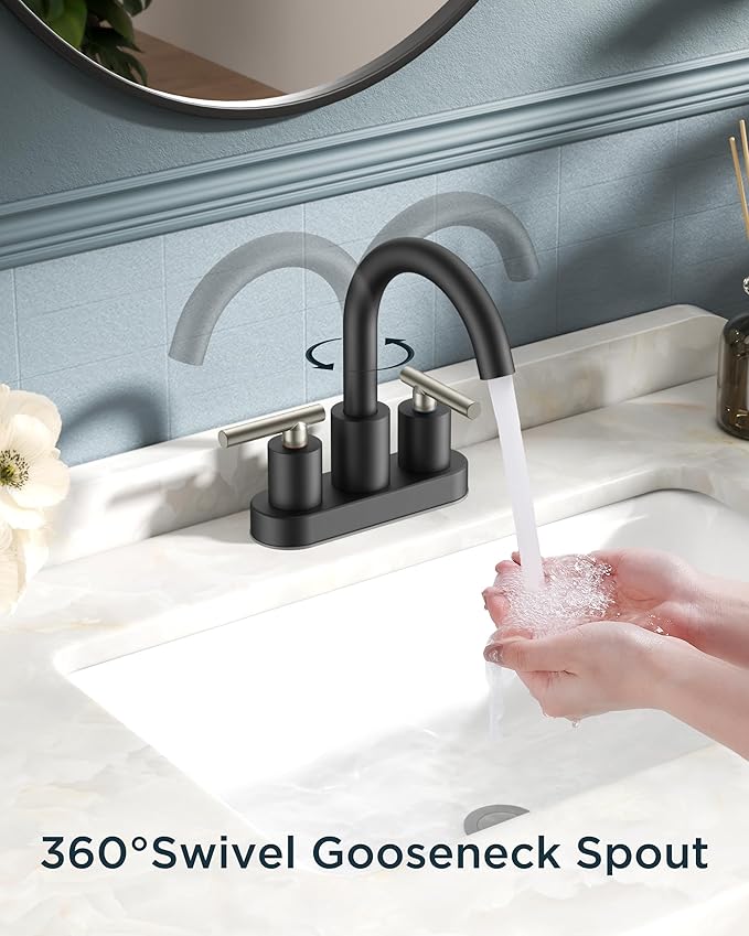 FORIOUS 4 Inch Centerset Bathroom Sink Faucet Black and Brushed Nickel, 2 Handle RV Bathroom Sink Faucet Matte Black 4" with Pop Up Dain, 24 in Hot and Cold Water Hoses, and 360 Degree Swivel Spout