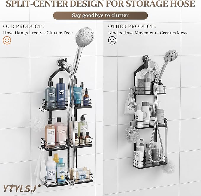 Aluminum Alloy Hanging Shower Caddy for Handheld Shower Heads, 3-Tier Adjustable Shower Rack, Rustproof Hose Hanging Shower Organizer with 2 S-Hooks, Matte Black