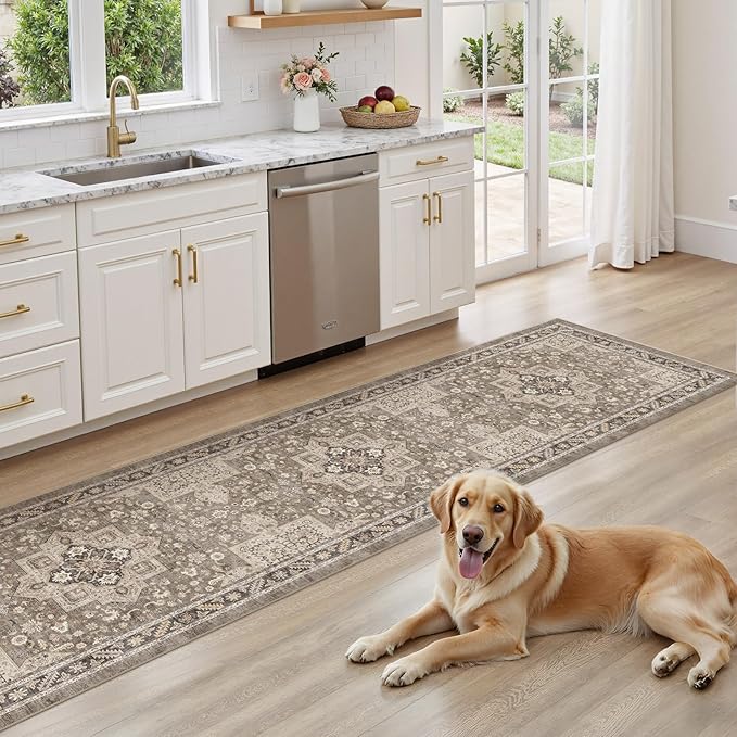 Vintage Hallway Runner Rug 2x8: Large Soft Washable Entryway for Kitchen Laundry Room Non-Slip Backing Runner for Entrance Living Room Bedroom Bathroom - Brown