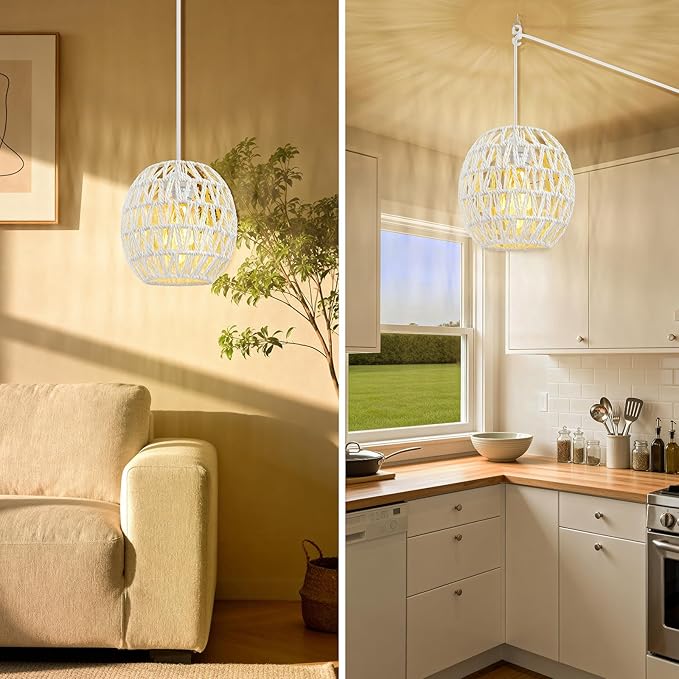 SLYYMY Plug in Pendant Light, 15FT Hemp Rope Cord, Hanging Lamps Rattan Pendant Light, On/Off Switch Hanging Lights for Bedroom Living Kitchen White