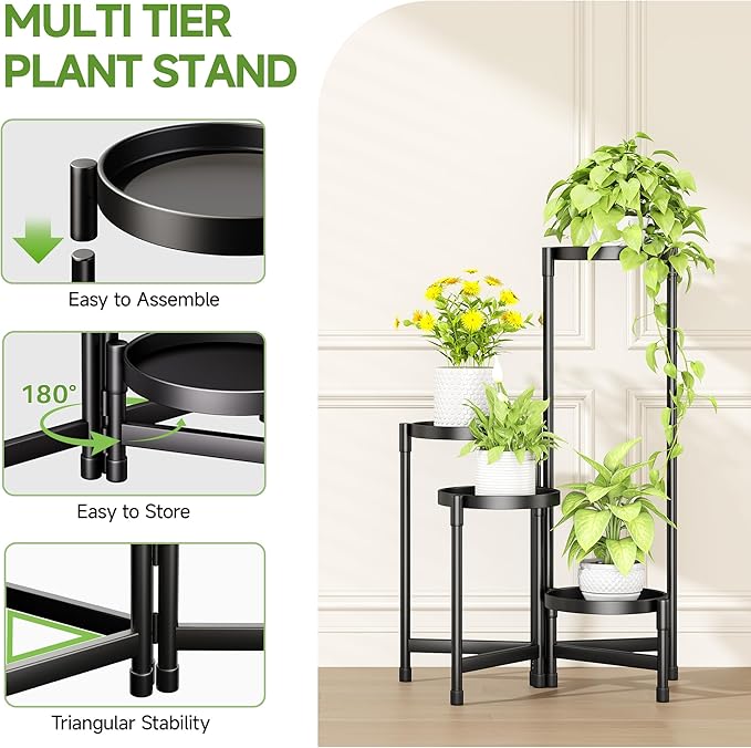 Folding Plant Stand Indoor Outdoor with Metal Tray, 4 Tiered Corner Flower Holder Shelf Metal Orchid Display Rack for Patio Porch Living Room Garden Balcony, Modern Black