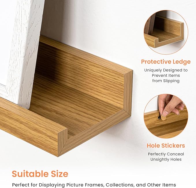 RICHFOCUS Picture Ledge Shelf, 24 inch Floating Shelves Set of 2, Wood Wall Shelves with Lip, Wall Decor Storage for Bedroom Living Room Bathroom Kitchen Nursery Photo Picture, Oak
