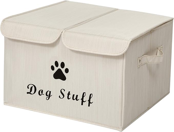 Geyecete Large Storage Boxes - Large Linen Fabric Foldable Storage Cubes Bin Box Containers with Lid and Handles for Dog Apparel & Accessories, Dog Toys(BambooiBeige)