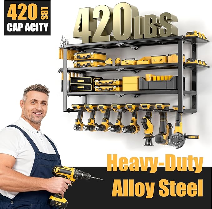 420LB Capacity Power Tool Organizer with Charging Station & 6 Outlets | Quick Assembly 4-Layer Heavy Duty Rack for Drills & Batteries | Ultimate Garage Storage & Christmas Gift for Men