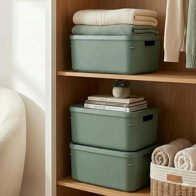 BINO | Plastic Storage Bins with Lids, 13 Liter - 3 Pack, Desert Green | THE TWILL COLLECTION | Plastic Bins for Organization | Woven Storage Baskets for Organizing | Pantry Shelf Organizer Basket Bin