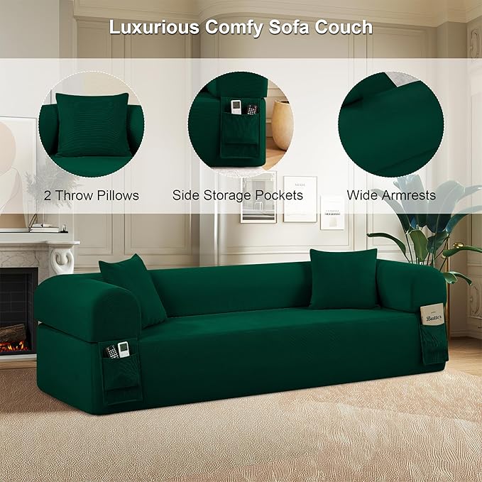 83'' Boneless Sofa in A Box, 3-Seater Floor Sofa No Assembly Corduroy Couch for Living Room, Cloud Couch with 2 Pillows & Storage Bag, Memory Foam Small Floor Couches for Office, Dark Green