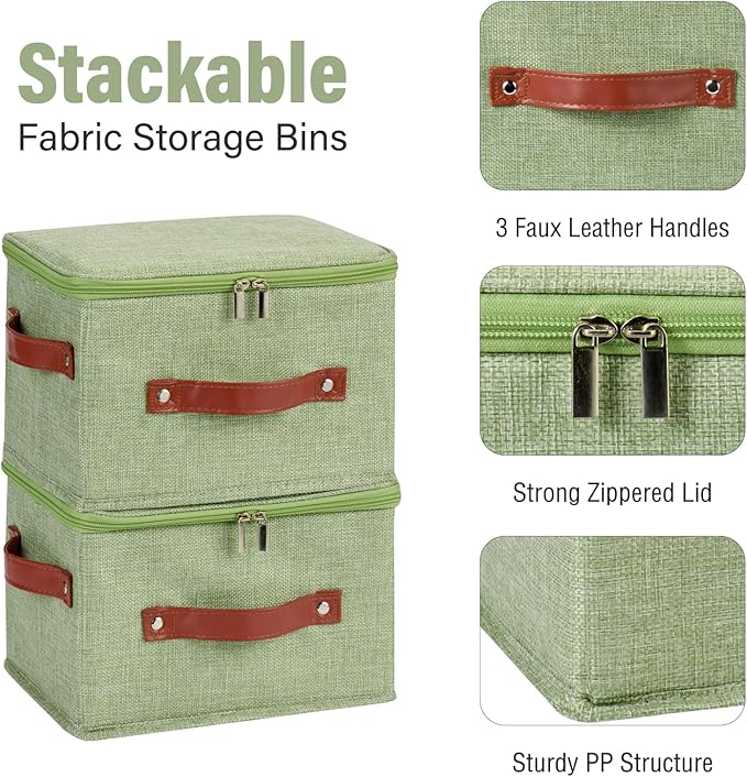 3PCS Storage Bins Boxes with Zippered Lids Cotton Linen Fabric Decorative Basket PU Leather Handles PP Plastic Board Foldable Lidded Shelf Closet Organizer Container (Light Green, Small)