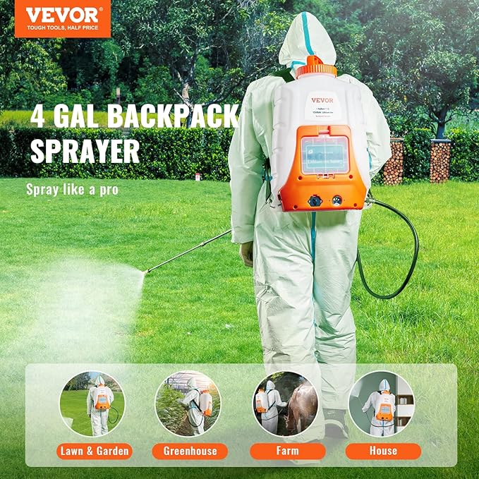 Battery Powered Backpack Sprayer, 0-90 PSI Adjustable Pressure, 4 Gallon Tank, Back Pack Sprayer with 8 Nozzles and 2 Wands, 12V 8Ah Battery, Wide Mouth Lid for Weeding, Spraying, Cleaning