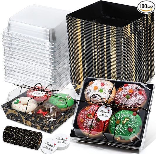 Outus 100 Pack Charcuterie Boxes with Clear Lids, 5.7 x 5.1 '', Mother 's Day Back to School Paper Food Containers Cake Take out Bakery Boxes with Gift Tags Rope for Desserts(Black,Gold,Christmas)
