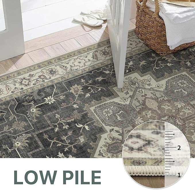 GENIMO 2x5 Runner Rugs for Hallway, Machine Washable Non Slip Vintage Rugs, Low Pile Lightweight Soft Print Rug for enrtyway, Corridor, Home, Office, Kitchen, Muted Charcoal Beige