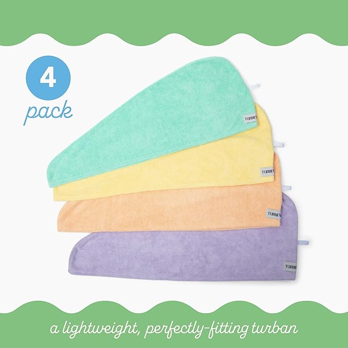 Turbie Twist 4-Pack Microfiber Hair Towel for Beauty, Travel, Gifting - Hair Wrap Turban for Straight, Wavy & Curly Hair - Premium Personal Care - Bermuda, Purple, Lilac & Lemon