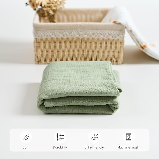 Meracorallo Muslin Swaddle Blanket, 100% Cotton Receiving Blanket Soft and Breathable Swaddle Wrap for Baby Boys and Girls, Sage Green