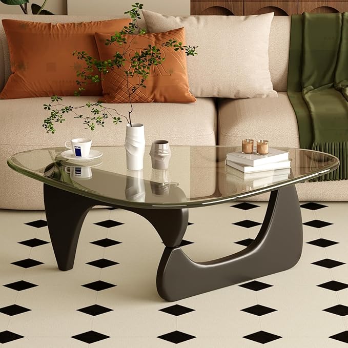 Coffee Table for Living Room Mid Century Modern Center Table with Glass Top and Wood, Transparent/Black