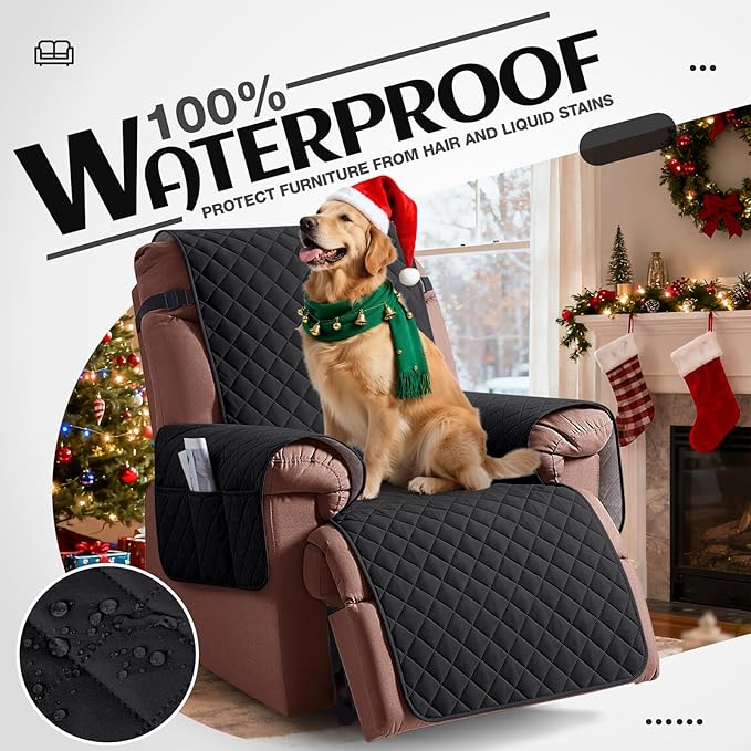 KinCam 100% Waterproof Recliner Chair Cover, Reclining Couch Covers for Pets, Dogs, Recliner Couch Slipcover Furniture Protector with Elastic Straps for Kids(28", Black)