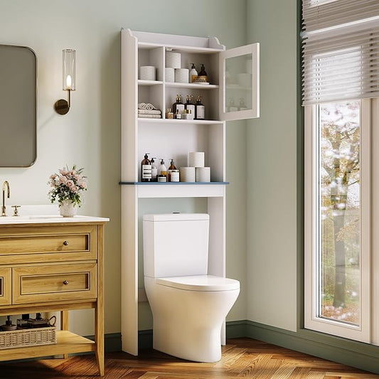 GarveeHome Over The Toilet Storage Cabinet with Adjustable Shelves and Glass Door,Tall Bathroom Organizer Space Saver Over Toilet,Wood Rack for Bathroom, Restroom, Laundry