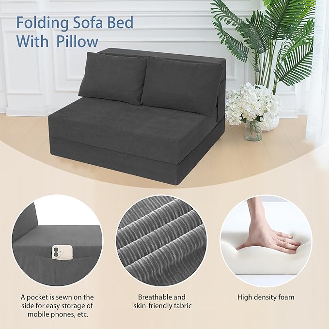 Sofa Bed Foldable Mattress ，Folding Sleeper Sofa Chair Bed Floor Mattress with Pillow for Living Room Home Office (Dark Gray -Corduroy, Twin XL)