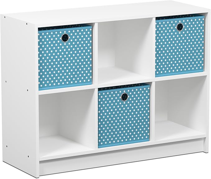 Furinno BASIC Book Shelf, 6-Cube Bookshelf with Open Shelf, 3 x 2 Bookcase with Storage Bins, Closed Back, Horizontal, 11.9" x 31.6" x 23.6", for Living Room, Bedroom, Home Office, White/Light Blue
