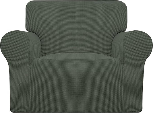 Easy-Going Stretch Chair Sofa Slipcover 1-Piece Couch Sofa Cover Furniture Protector Soft with Elastic Bottom for Kids, Pet. Spandex Jacquard Fabric Small Checks (Chair, Olive Green)
