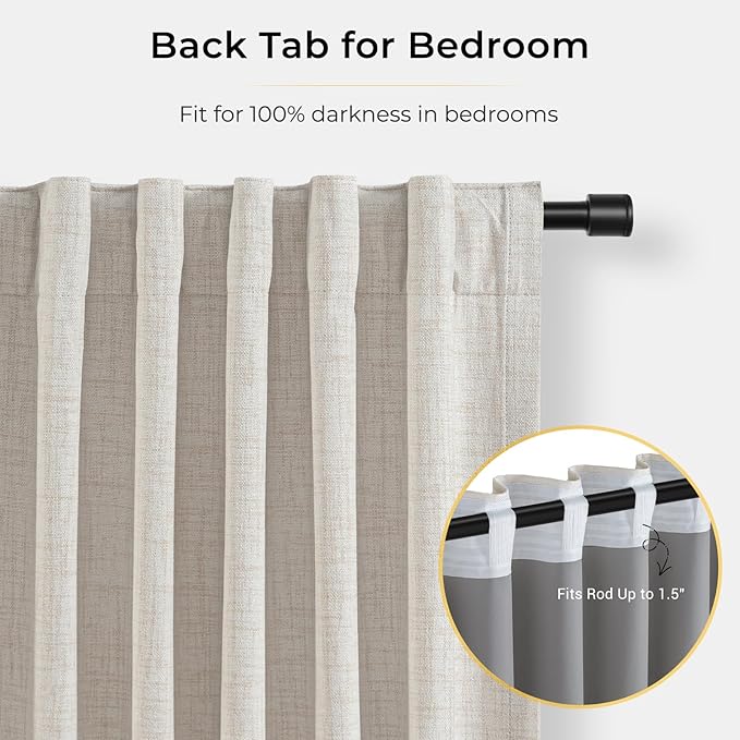 INOVADAY 100% Blackout Curtains for Bedroom, Black Out Curtains 108 Inch Long, Clip Rings Linen Blackout Drapes, Thermal Insulated Room Darkening for Living Room, 1 Panel - Beige,W102xL108