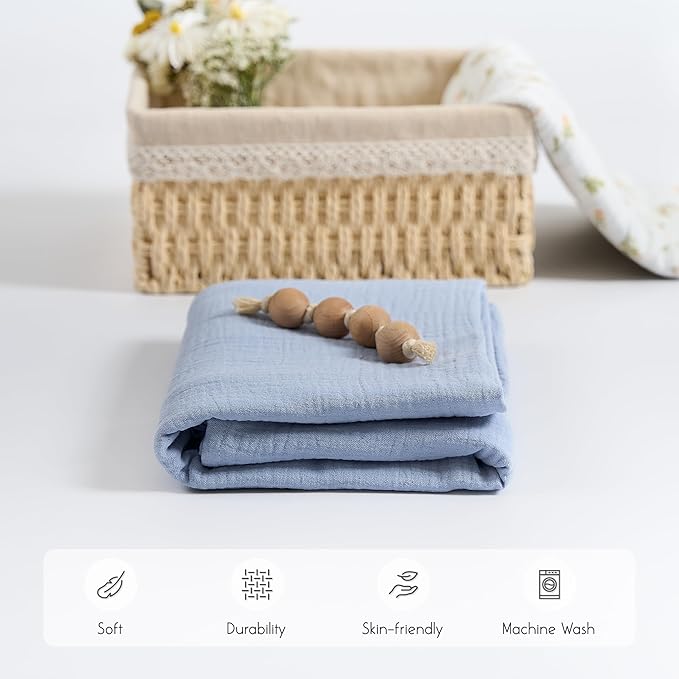 Meracorallo Muslin Swaddle Blanket, 100% Cotton Receiving Blanket Soft and Breathable Swaddle Wrap for Baby Boys and Girls, Placid Blue