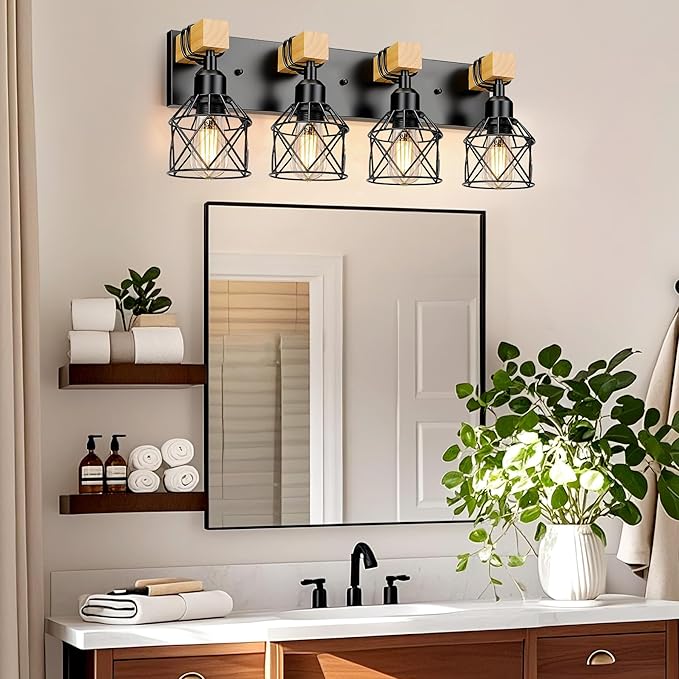 4-Light Farmhouse Vanity Light for Bathroom,Industrial Vanity Light Over Mirror,Bathroom Wall Lamp for Kitchen Living Room (4-Light)