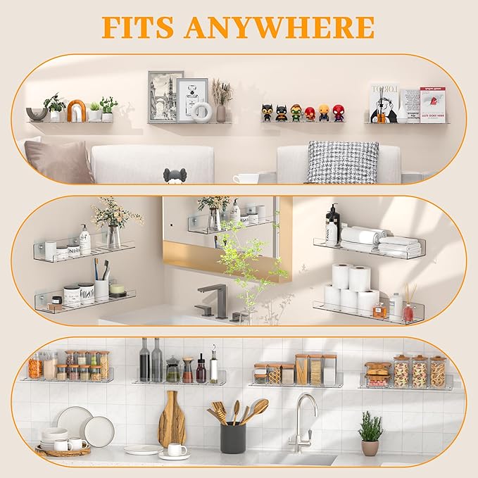 4 Pack Floating Shelves – Clear Acrylic/PET Wall-Mounted No Drill Storage with Adhesive, Invisible Bathroom & Bedroom Shelving for Kitchen, Living Room, Transparent Decor