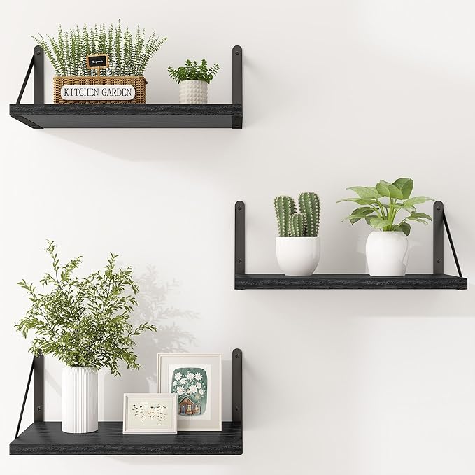 Heimlove Floating Shelves for Wall Set of 3,Light Wood Wall Mounted Bookshelf Decorative Shelf for Living Room Bathroom Bedroom Kitchen Laundry Pictures Plants Books Cats TV,Black