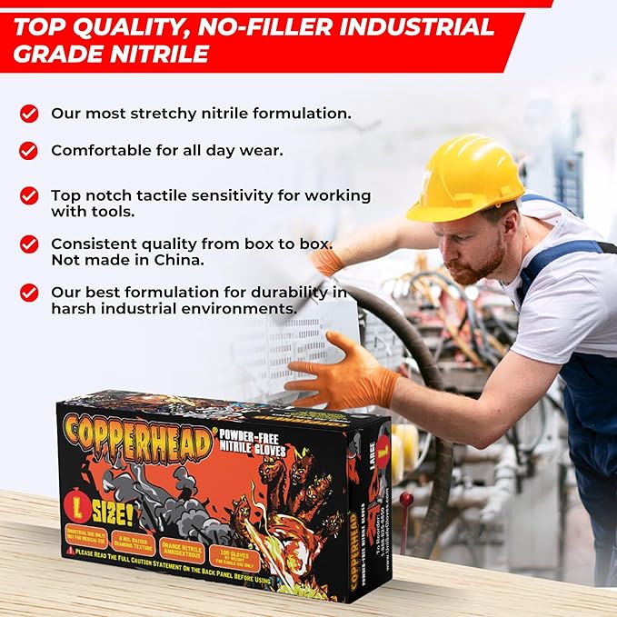 Copperhead HD Orange Nitrile Disposable Gloves, 8 Mil, Latex and Powder Free, Industrial, Food Safe, Raised Diamond Texture