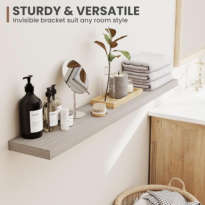 36 Inch Floating Shelves, 8 Inch Deep Floating Shelves for Wall, Hanging Shelf with Invisible Brackets, Deep Shelves for Bathroom, Bedroom, Living Room, Grey, Set of 2
