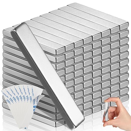 Hicarer 80 Pack Neodymium Rare Earth Bar Magnet Heavy Duty Rectangular Thin Bar Magnet Strip with Double Sided Adhesive for DIY Fridge Kitchen Office, 60 x 10 x 3 mm