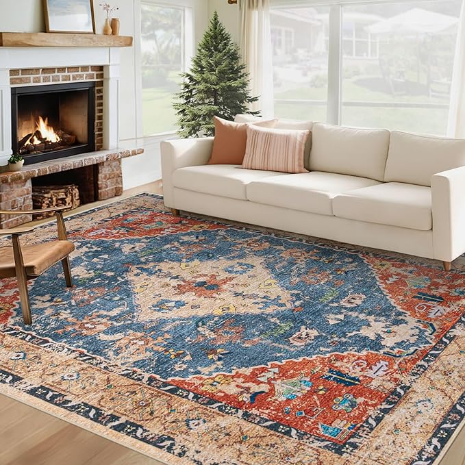 Area Rug 6x9 Washable Rug, Vintage Boho Medallion Rugs Non-Slip Soft Low Pile Large Distressed Rug Indoor Retro Carpet for Living Room Bedroom Dining Room Office (TribalMedallionMulti, 6'x9')