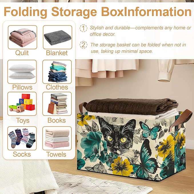 32L Large Storage Bins with Handles, Basket Organizer for Shelves, Closet, Books, Laundry & Home Decor (Flower Black cat)