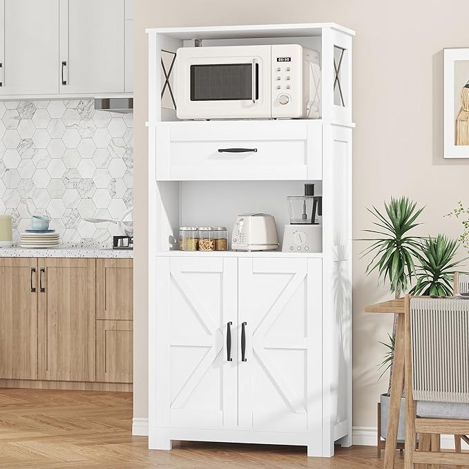 Semoic 55" Farmhouse Kitchen Pantry Cabinet, 5-Tier Pantry Storage Cabinet with 2 Barn Doors and Drawer, Tall Sideboard Buffet Cupboards Storage Shelf for Home Office Use (White 12" D x 24" W x 55" H)